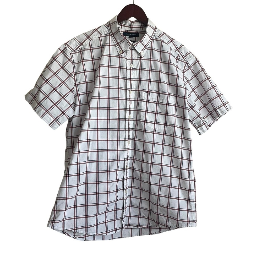 Tommy Hilfiger Men Plaid Button Down L White‎ Red Preppy Dadcore Classic Fit